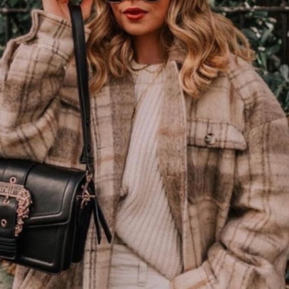 Zara Plaid Teddy Jacket in Cream and Brown